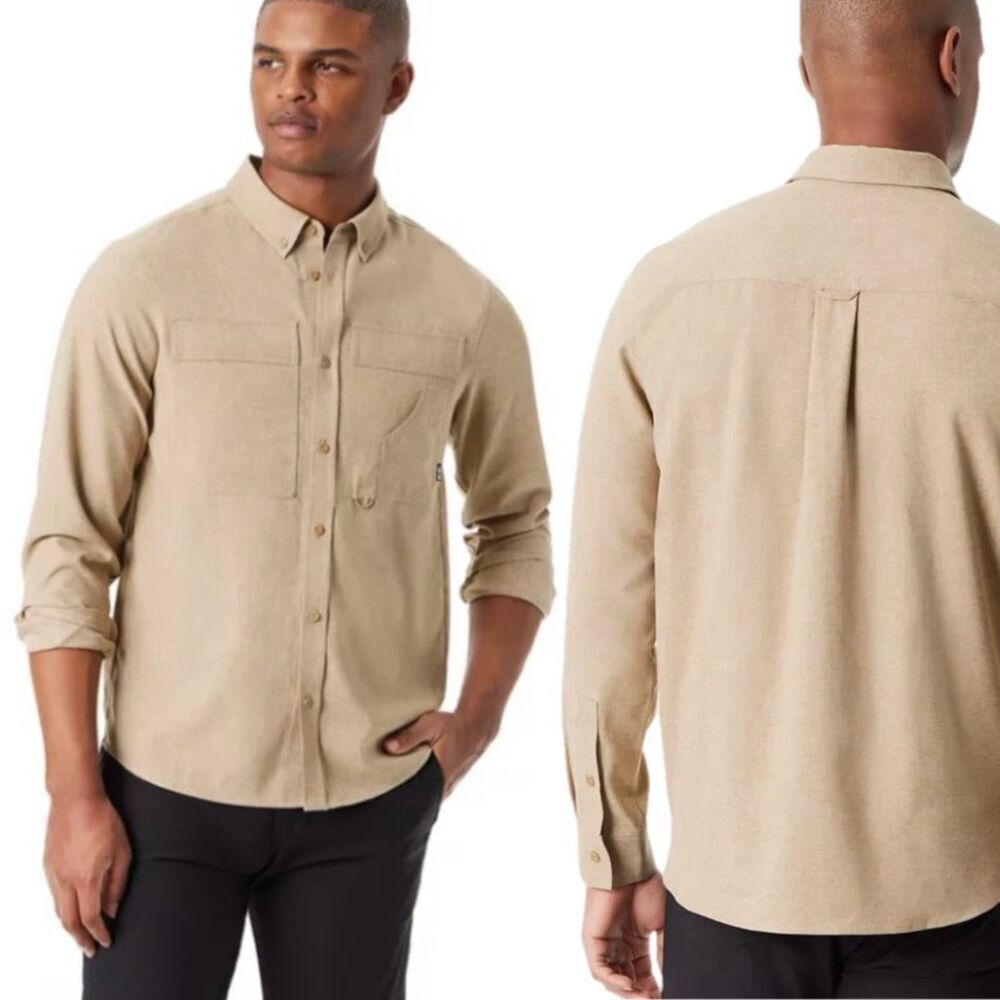 NWT  Bass Outdoor Men's Heathered Flannel Sandy Beige color, Button-Down Shirt.